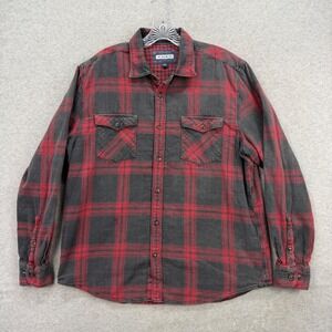 32 Bar Blues Button Down Short Mens Large Red Charcoal Grey Plaid Flannel Cabin